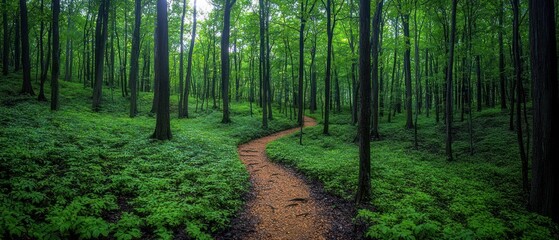 Obraz premium Serene forest path winds through lush green canopy, sunlight filtering through leaves