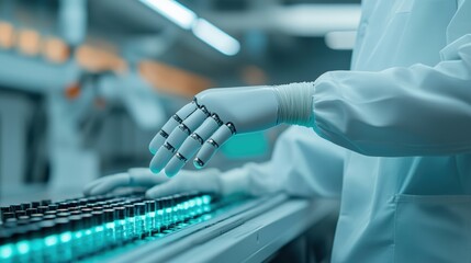 A robotic hand in a sterile lab handles vials on a conveyor, highlighting automation in a high-tech laboratory environment.