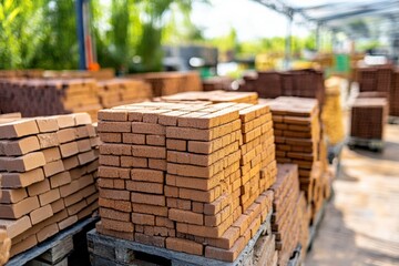 Neatly stacked bricks and concrete blocks in a construction area Generative AI