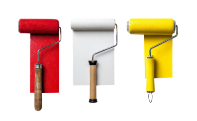 Set of various colors paint roller brush with red,white and yellow isolated on transparent background.