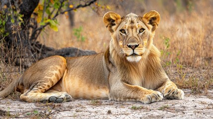 Naklejka premium Young lion rests in golden savanna sunlight.