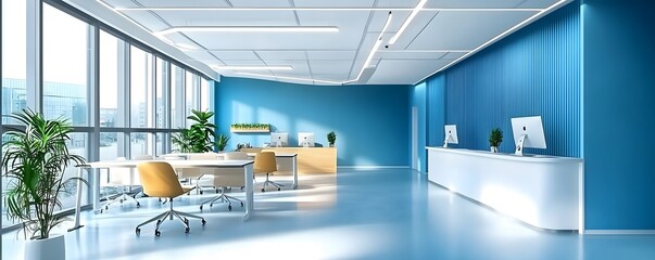 Blue-themed Modern Office Space: A clean and contemporary blue-themed office space with an open layout, bathed in natural light, embodies modern design principles.