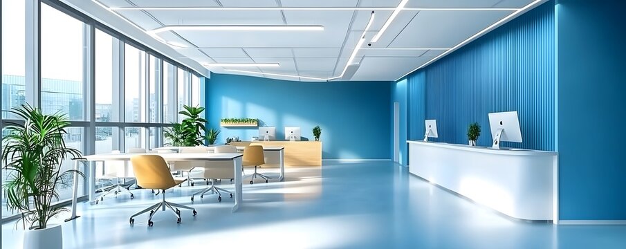 Blue-themed Modern Office Space: A clean and contemporary blue-themed office space with an open layout, bathed in natural light, embodies modern design principles.