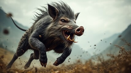 Naklejka premium Aggressive Boar Charging, Fangs Exposed