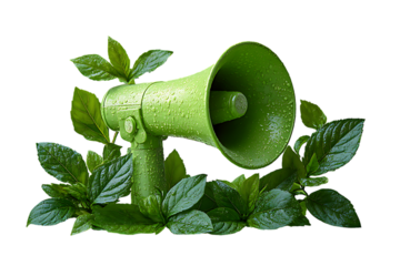 Green megaphone surrounded by fresh leaves suggesting environmental awareness and ecological sustainability.