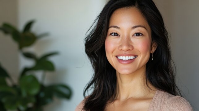 A cheerful woman with a radiant smile and healthy complexion.