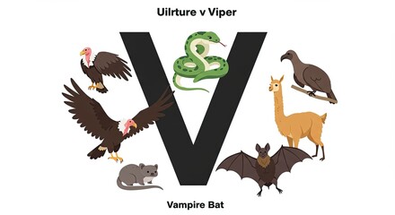 Vibrant V-Shaped Animal Alphabet Illustration