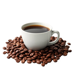 Fototapeta premium A white cup of coffee sitting on top of a pile of coffee beans