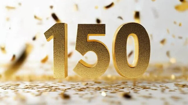 Golden Number 150 Surrounded by Confetti for Celebration Themes
