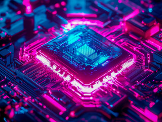 Obraz premium A futuristic microchip glows brightly on a detailed circuit board, surrounded by intricate connections illuminated by dynamic blue neon light