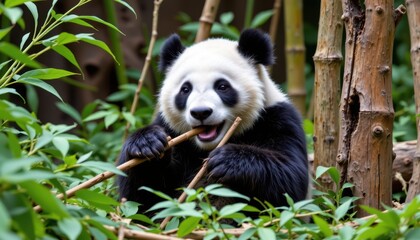 Obraz premium a panda in its enclosure at a zoo, surrounded by lush foliage. it appears to be munching on bamboo branches.