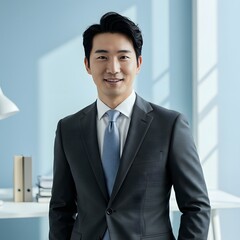Handsome asian businessman in suit smiling confidently at the camera in a bright office setting.