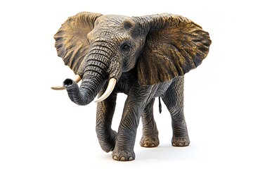 Fototapeta premium A detailed elephant figurine standing on a white background with its trunk raised slightly up