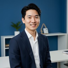 An asian businessman smiles confidently while posing in a modern office setting, looking smart.