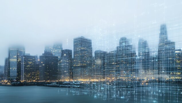 City skyline overlaid with digital network