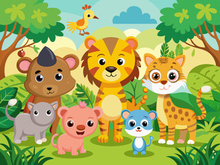 Adorable Cartoon Animals in a Lush Green Jungle Setting