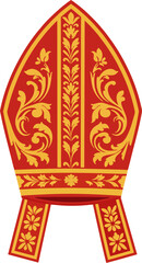 Red and Gold Ornate Bishop Mitre Vector – Traditional Catholic Clergy Hat with Baroque Floral Design