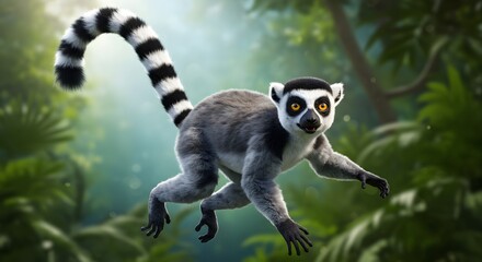Fototapeta premium Lemur Leaping Through Tropical Forest Setting
