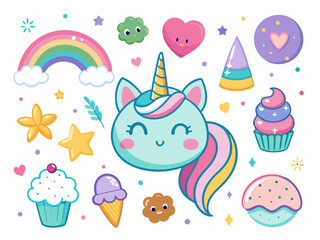 Cute Unicorn with Rainbow and Sweet Treats for Kids