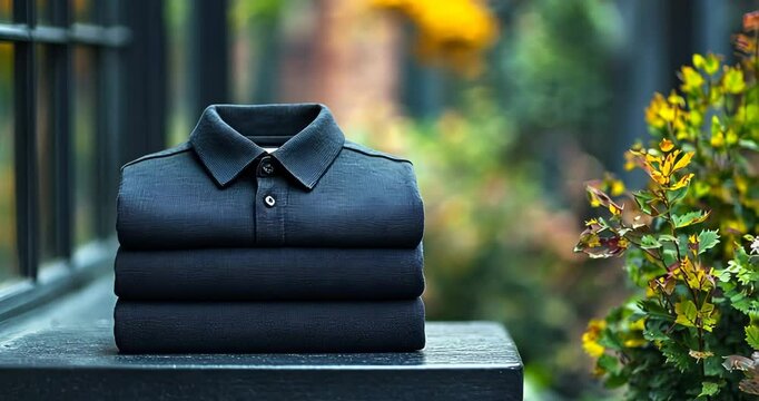 A stack of folded black polo shirts displayed on a dark surface, with a blurred urban background.