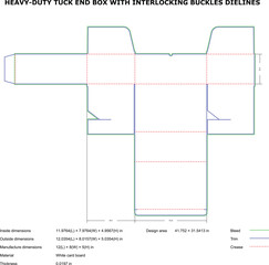 Detailed dieline template of a heavy duty tuck end box with interlocking buckles for packaging