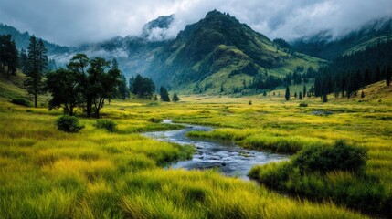 Wispy morning mist above vibrant highland pasture