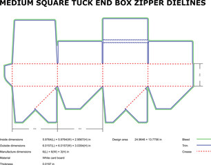 Obraz premium Detailed vector diagram of medium square tuck end box zipper dielines blueprint template