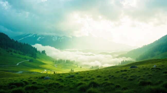 Misty morning clouds over lush mountain meadow