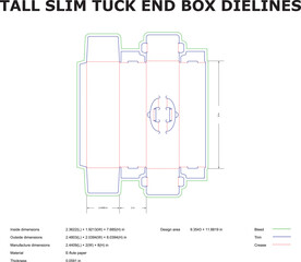 Detailed die cut template of a tall slim tuck end box with measurements and dimensions