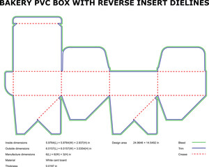 Bakery box die cut template with reverse insert dimensions for packaging design in vector format