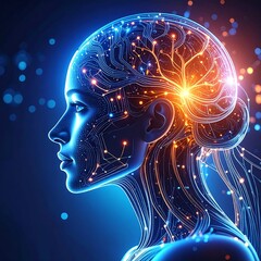 Futuristic Concept of AI Brain with Neural Network Connections in Cyan and Orange Glow