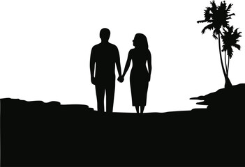 Man and Woman Holding Hands Walking in Nature &ndash; Minimalist Tropical Palm Scene for Romantic Summer Vacation & Love Journey Themes