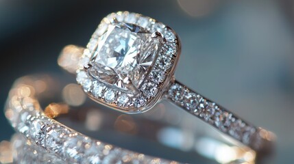 Close-up view of a glittering diamond engagement ring.