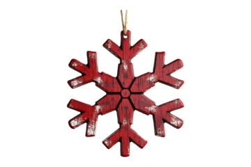 Hanging red wooden snowflake for rustic Christmas isolated on transparent background