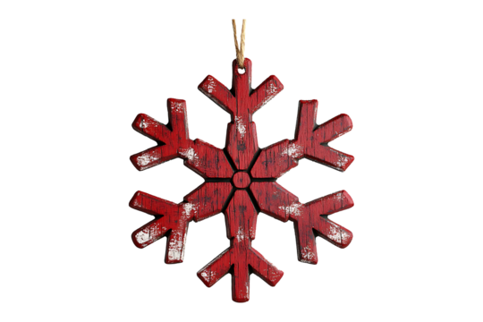 Hanging red wooden snowflake for rustic Christmas isolated on transparent background
