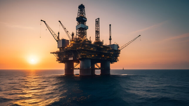 Oil rig with visible flare stack burning off gas, illuminated at sunset, showcasing industrial energy production in ocean. scene captures vastness of sea and technological marvel of offshore