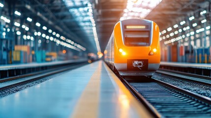 A modern yellow train arrives at a brightly lit indoor railway station with multiple tracks and platforms.