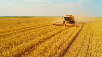 Golden Harvest: A Combine Harvester Gathers Wheat in a Vast Field