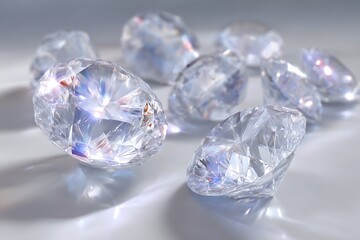 Magnificent diamonds shimmering brightly on a reflective white surface creating beautiful reflections