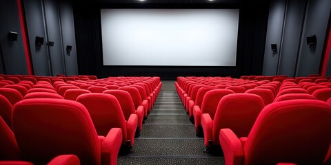 Obraz premium blank screen in empty movie theater with red seats and dark carpet