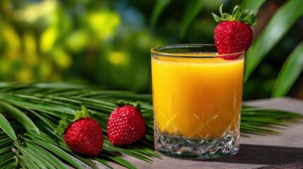 Refreshing Drink with Strawberries Against Tropical Green Background