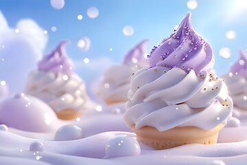 This imaginative and whimsical illustration features dreamy cupcake-style formations with smooth swirls of white and lavender frosting topped with sparkling golden and purple sprinkles. 