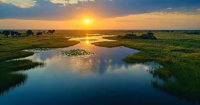 Aerial view of a beautiful sunset over the Okavango Delta in Botswana.