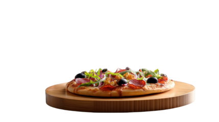 Savory Pizza Delight: A mouthwatering pizza, artfully crafted with fresh toppings, rests on a rustic wooden board, inviting indulgence.