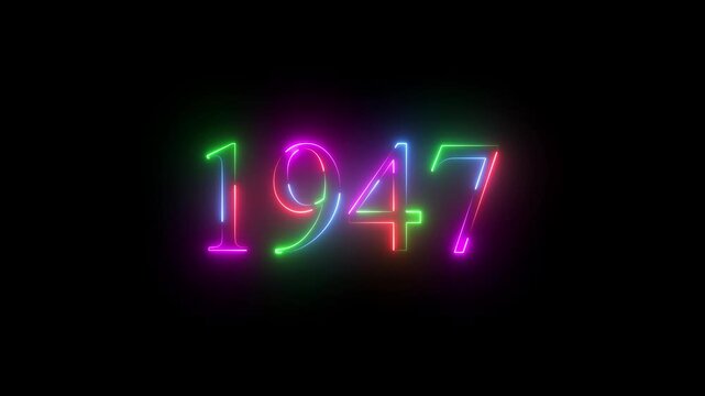 1947 neon line text. Abstract 1947 neon text animation ,For neon color Glowing neon number text background 4k video animation . 1947 title metal text on glowing text animation black background