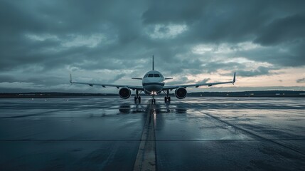 A commercial jet on a wet tarmac under a stormy sky.