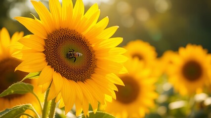 Fototapeta premium Sunlit Sunflower and Honeybee Detail