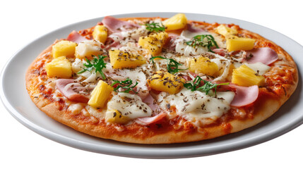 Hawaiian Pizza on Plate: A delicious Hawaiian pizza, featuring sweet pineapple chunks, savory ham, melted mozzarella cheese, and a sprinkle of fresh herbs, sits on a simple white plate.