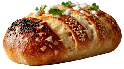 Artisan Loaf: A tantalizing overhead shot presents a beautifully crafted artisan loaf, its crust golden and adorned with various toppings, inviting a sensory experience of deliciousness.