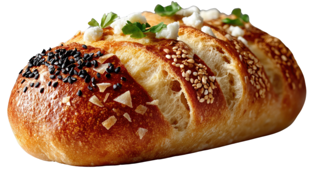Artisan Loaf: A tantalizing overhead shot presents a beautifully crafted artisan loaf, its crust golden and adorned with various toppings, inviting a sensory experience of deliciousness.